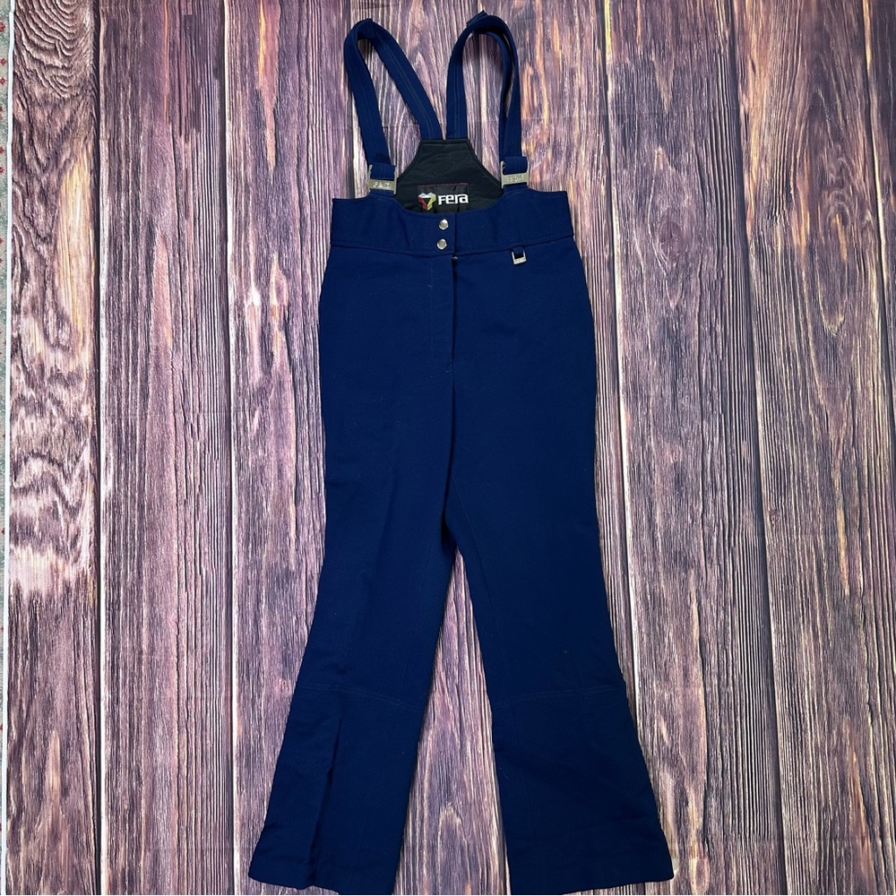 Vtg 70s 80s Womens Ski Bib Snow Suit Pants Navy Stretch Apres retro FERA 14 Long